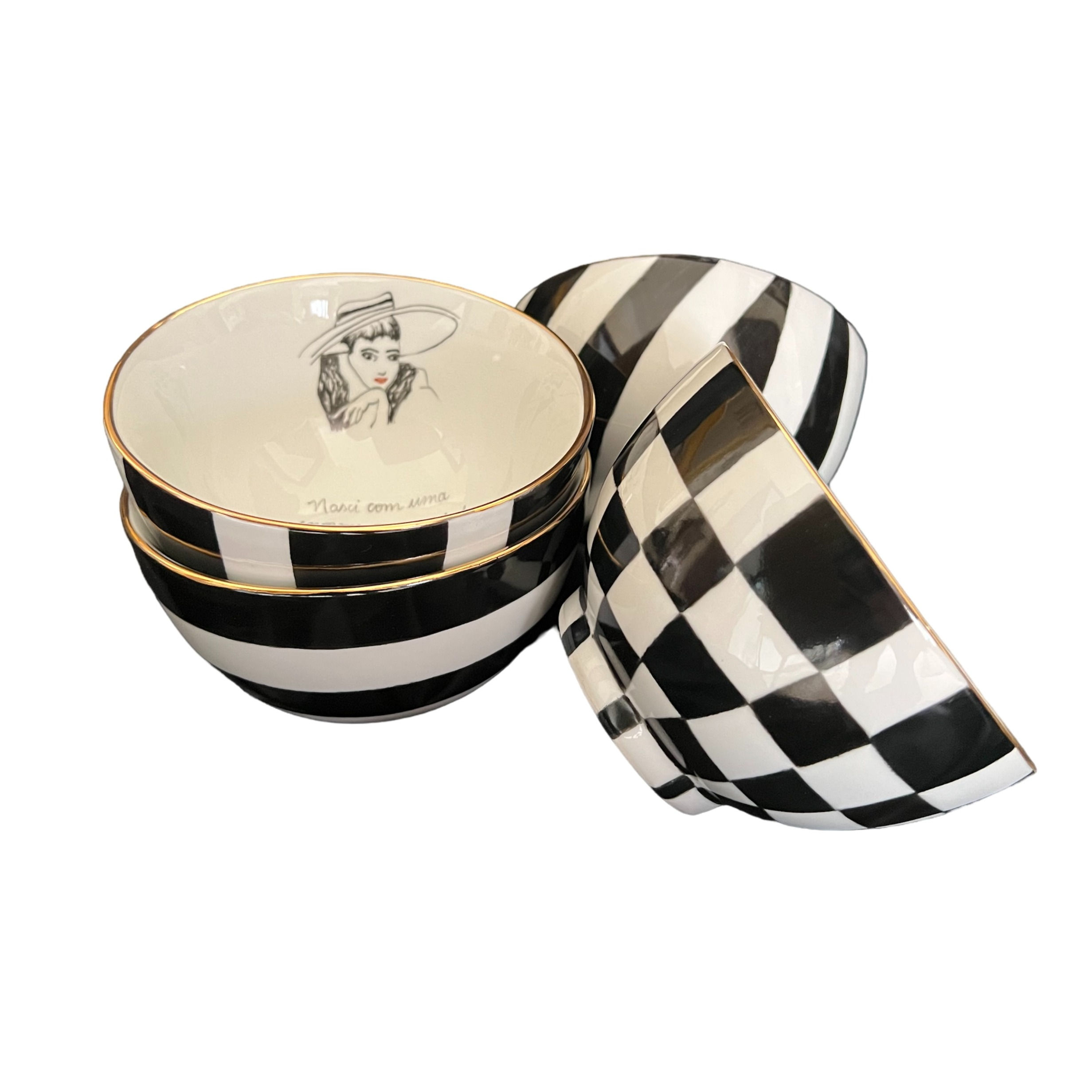 Bowl para sopa ou para salada de porcelana, pintado nas cores preto e branco. Jogo de jantar pintado em preto e branco.