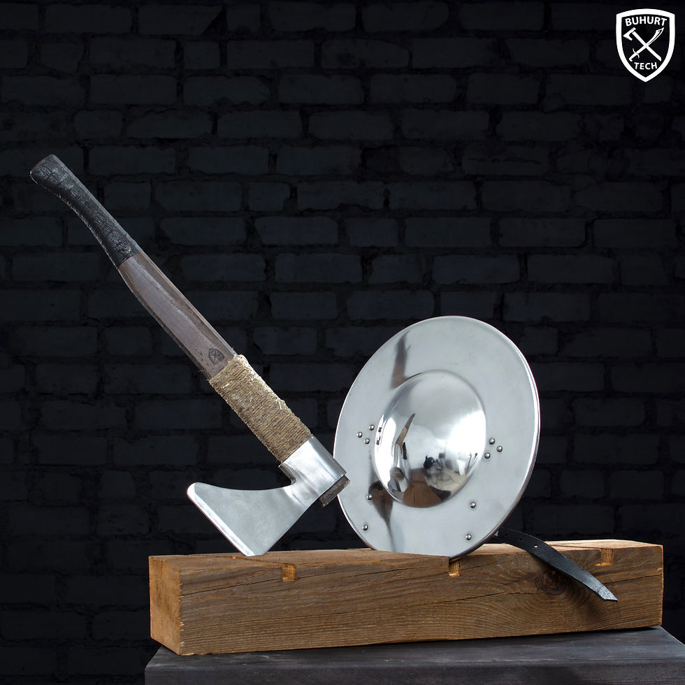 Thumbnail:  medieval buhurt sport battle knight axe and buckler shield for armored combat