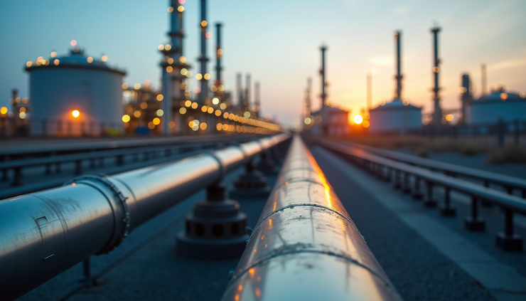 Close-up view of oil refinery infrastructure with pipelines and storage tanks