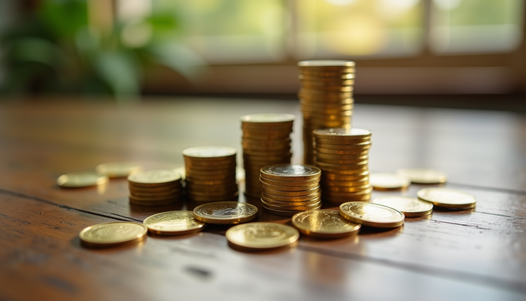 Close-up view of gold and silver coins stacked on a wooden surface