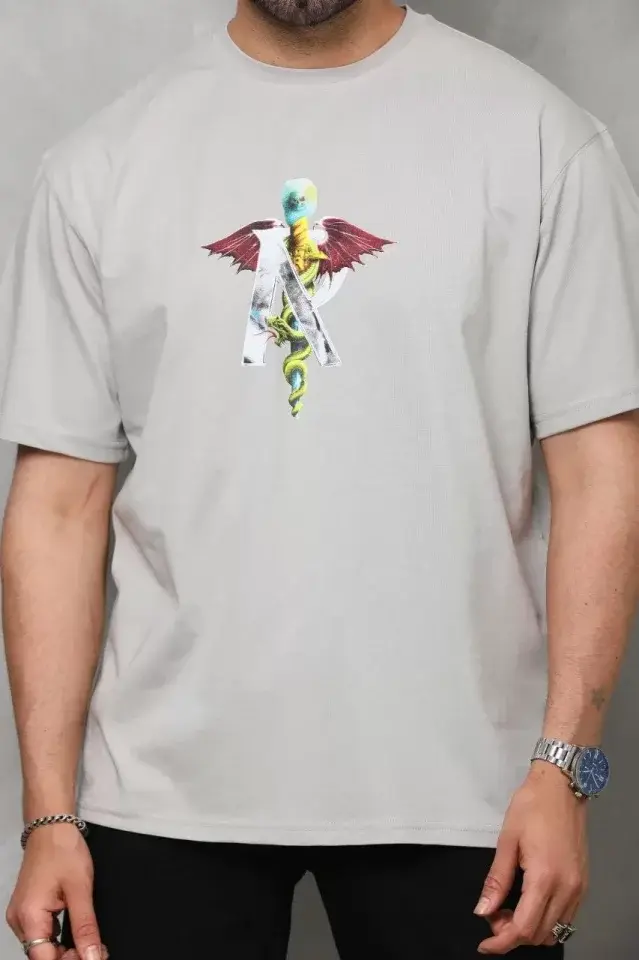 Küçük resim: Unisex Bisiklet Yaka Baskılı Oversize T-Shirt - Gri