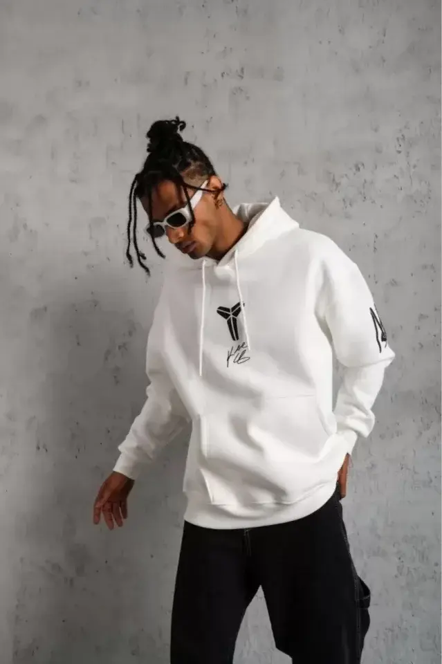 Küçük resim: Unisex Sırt Baskılı Kapüşonlu Üç İplik Oversize Sweatshirt - Beyaz