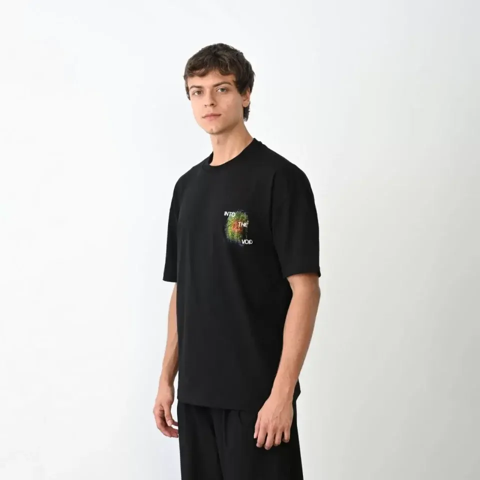 Küçük resim: Unisex Bisiklet Yaka Baskılı Oversize T-Shirt - Siyah