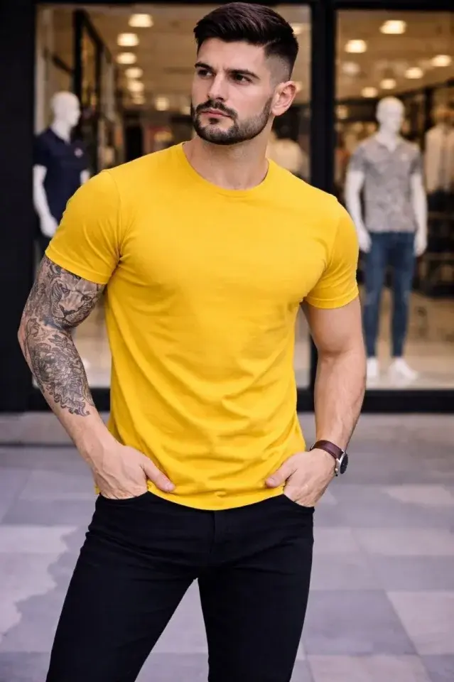 Küçük resim: Erkek T-Shirt Bisiklet Yaka Slim Fit Dar Kesim Likralı Tişört Günlük Basic Body 