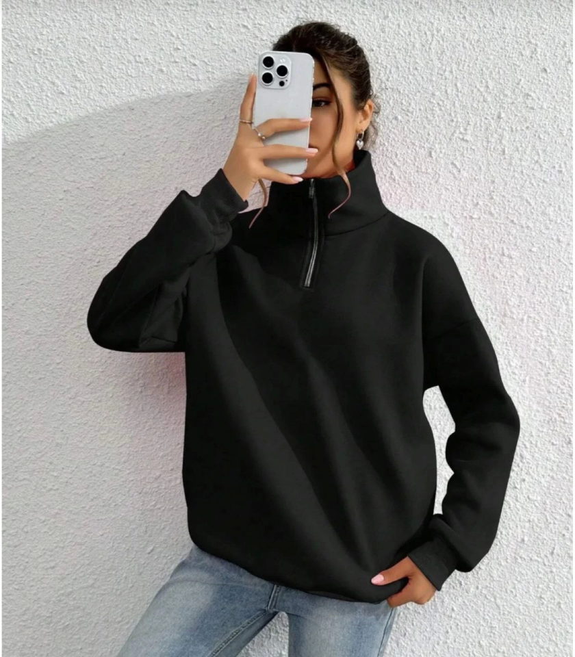 Küçük resim: Unisex Uzun Kol Yarım Farmuarlı Yakalı Basic SweatShirt - Siyah