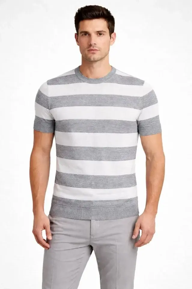 Erkek T-shirt Çizgili Triko Dokuma Bisiklet Yaka Tişört - Gri