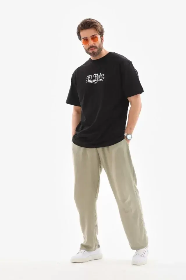 Küçük resim: Unisex Bisiklet Yaka Baskılı Oversize T-Shirt - Siyah