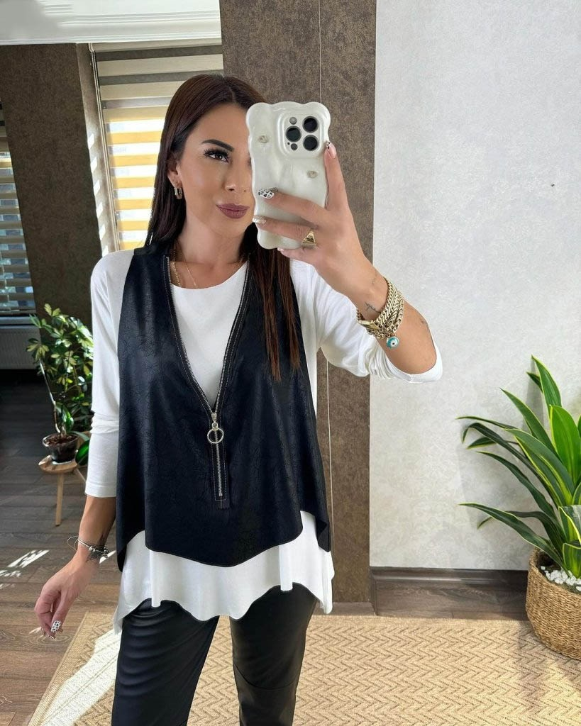 Küçük resim: Kadın Uzun Kollu Asimetrik Kesim Viskon Bluz Ve çatlak Deri Görünümlü Yelek Ikil