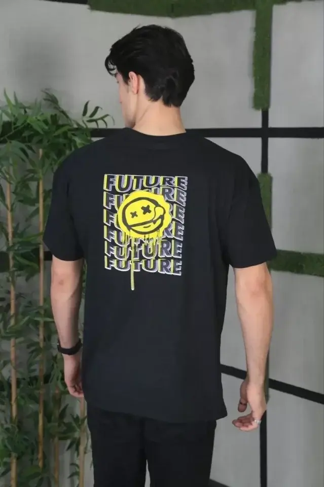 Küçük resim: Unisex Bisiklet Yaka Baskılı Oversize T-Shirt - Siyah