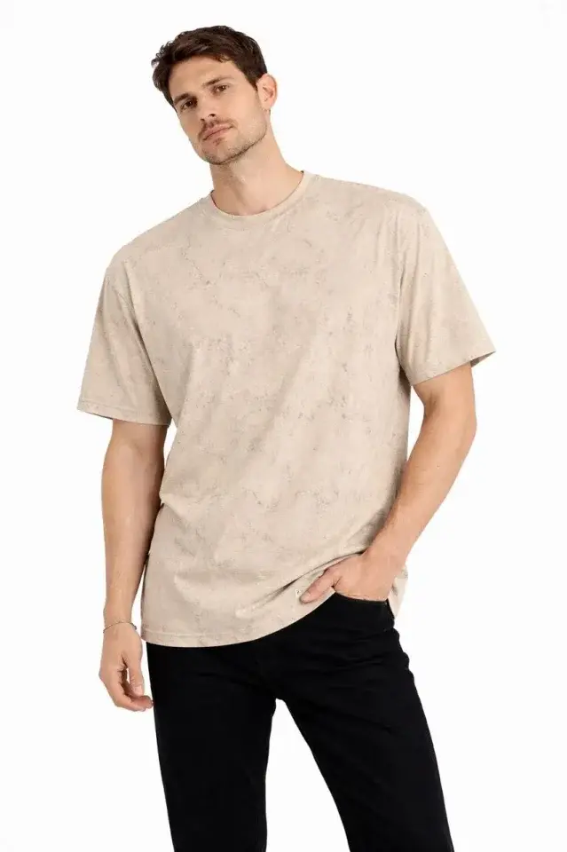 Küçük resim: Erkek Asit Yıkama Bisiklet Yaka Kısa Kollu Oversize T-Shirt Tişört - Bej