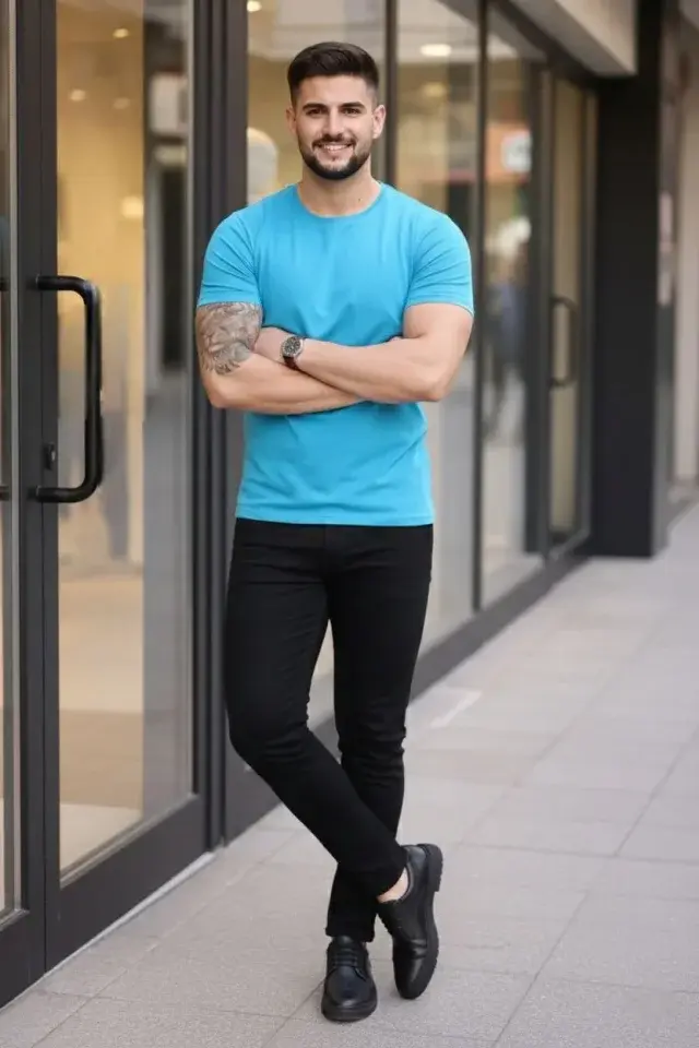 Küçük resim: Erkek T-Shirt Bisiklet Yaka Slim Fit Dar Kesim Likralı Tişört Günlük Basic Body 