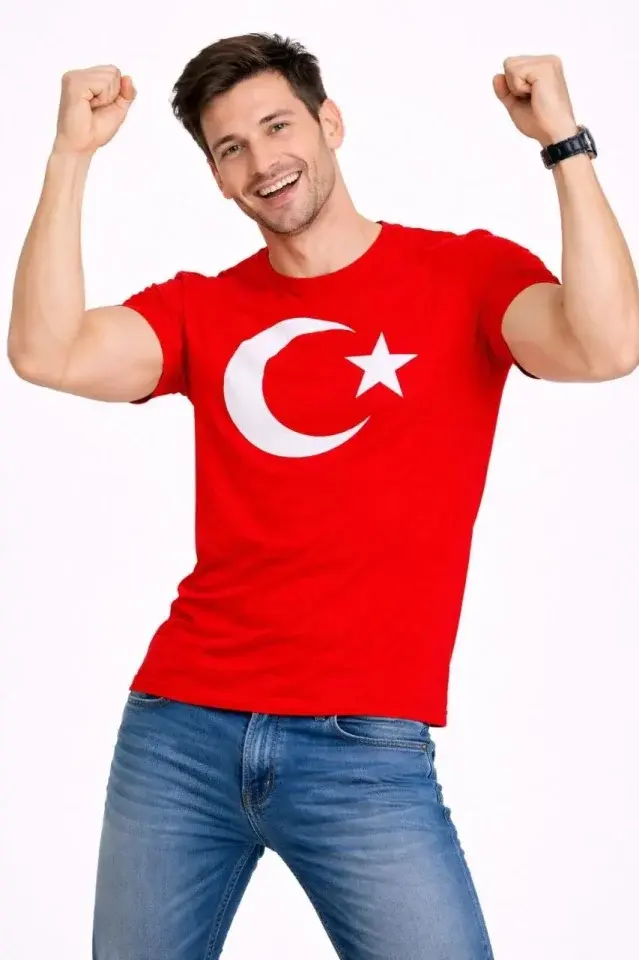 Küçük resim: Erkek T-Shirt Kısa Kol Bisiklet Yaka Ay Yıldız Bayrak Baskılı Tişört - Kırmızı