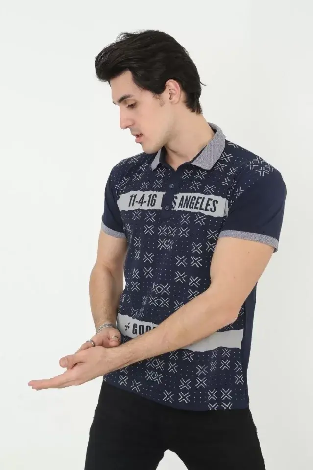 Küçük resim: Erkek Yakalı Slim Fit Baskılı T-Shirt - Lacivert