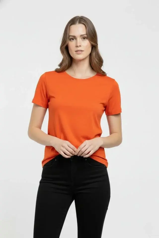 Küçük resim: T-Shirt Bisiklet Yaka Slim Fit Likralı Tişört Günlük Basic Body - Turuncu