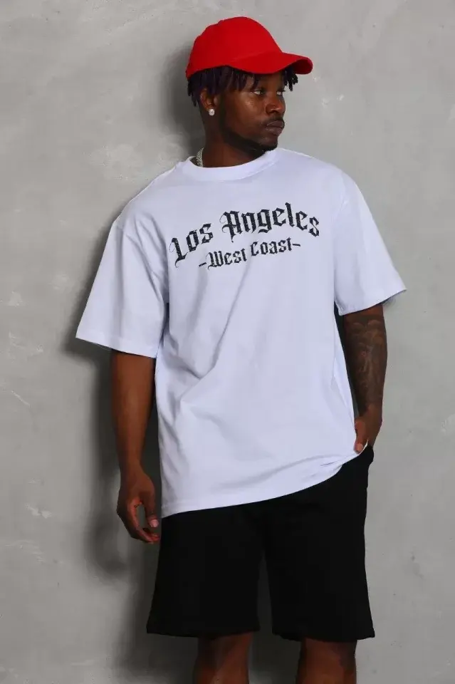 Küçük resim: Unisex Oversize Baskılı Bisiklet Yaka T-Shirt - Beyaz