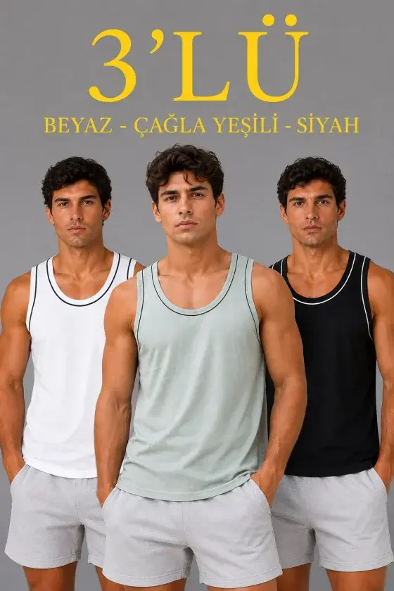 Erkek 3’lü Kolsuz Sporcu Atlet Seti Yazlık Bisiklet Yakalı - Mint Yeşili, Siyah,