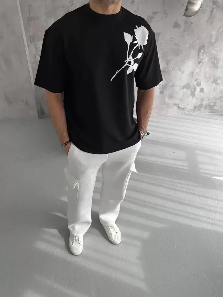 Küçük resim: Unisex Bisiklet Yaka Baskılı Oversize T-Shirt - Siyah