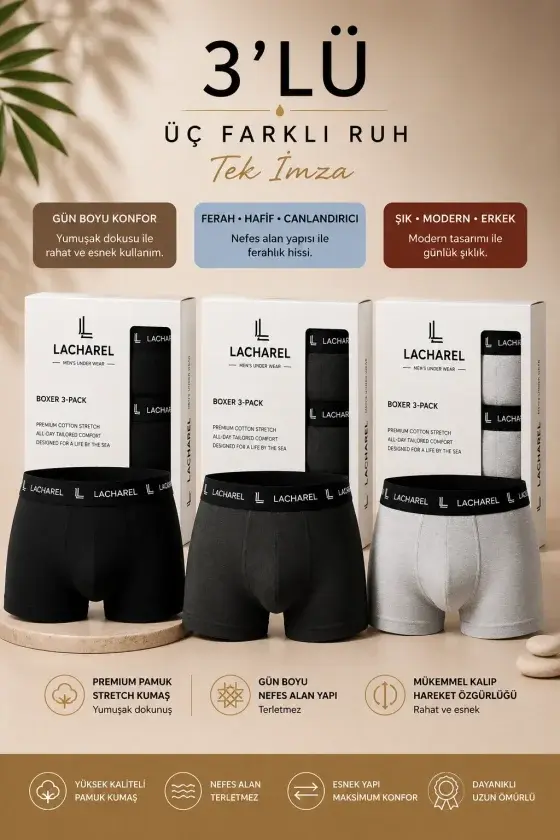 Erkek Likralı Pamuklu Nefes Alan Penye Boxer3Lü Paket - Siyah - Füme - Gri