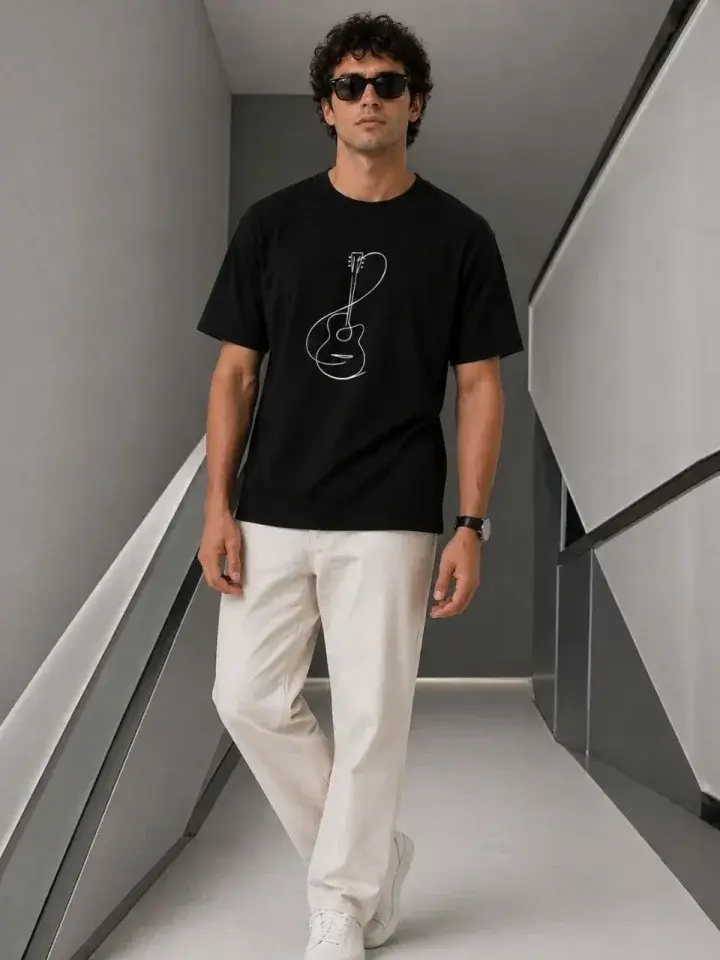Küçük resim: Erkek Minimal Gitar Baskılı Tişört T-Shirt Yazlık Kısa Kol Bisiklet Yaka T-Shirt
