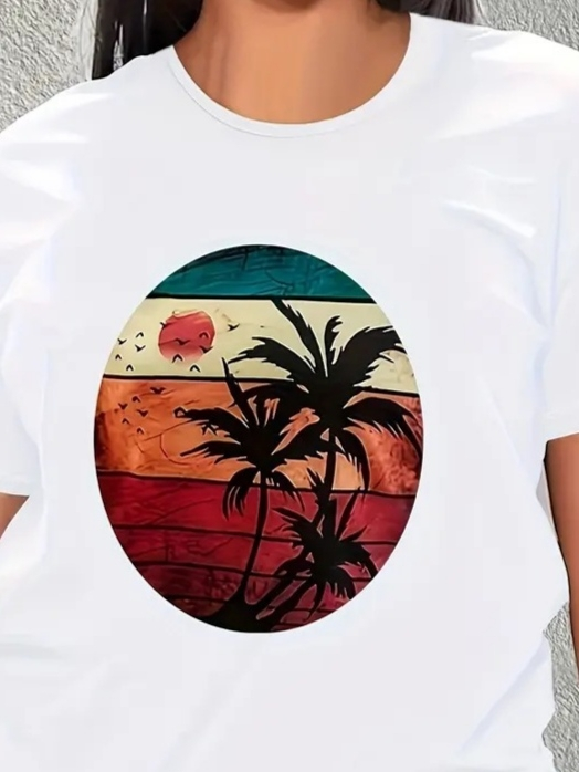 Küçük resim: Kadın Kısa Kollu Palmiye Baskılı Viskon T-shirt