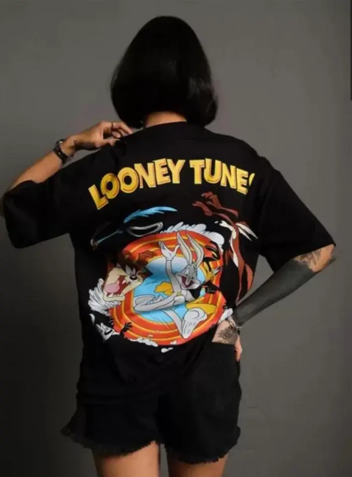 Küçük resim: Unisex Bisiklet Yaka Baskılı Oversize T-Shirt - Siyah
