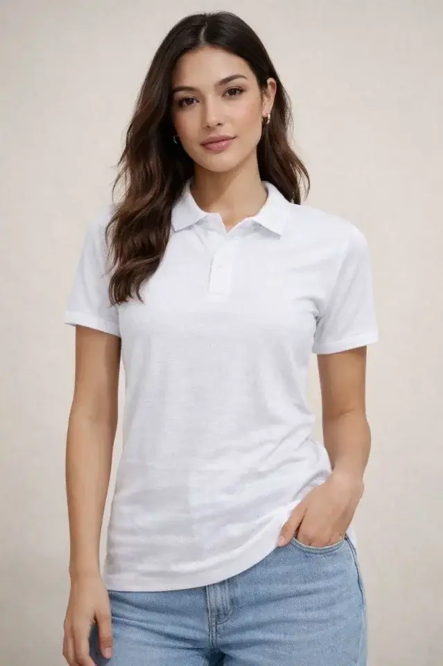 Küçük resim: Polo Yaka Pike Kumaş Düğmeli Basic Tişört T-Shirt Günlük Rahat - Beyaz