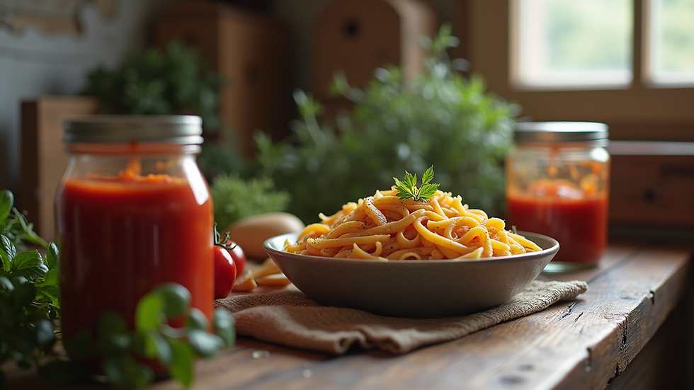 Eye-level view of a rustic kitchen counter with a bowl of pasta and a jar of tomato sauce