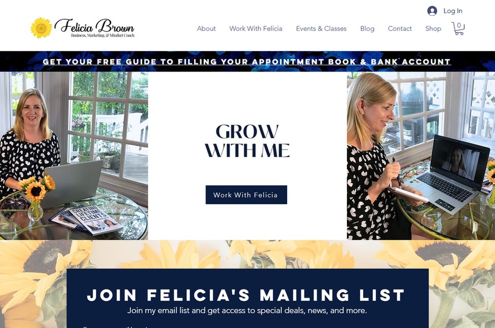 Homepage screenshot of a coaching website titled Felicia Brown featuring a sunflower theme and a white header menu.