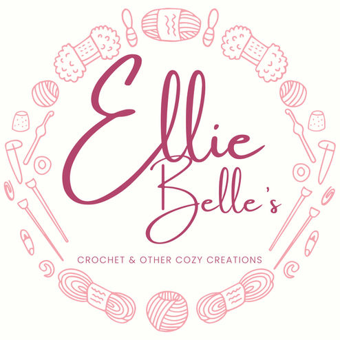 Circular line art logo featuring crochet icons surrounding script brand text.