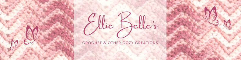 Horizontal shop banner design featuring script text over a pink crochet texture.