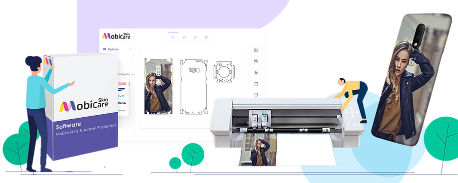 This image consists of Mobicare skins and screen protectors, and a Mobicare skin cutting plotter with a template on the side.