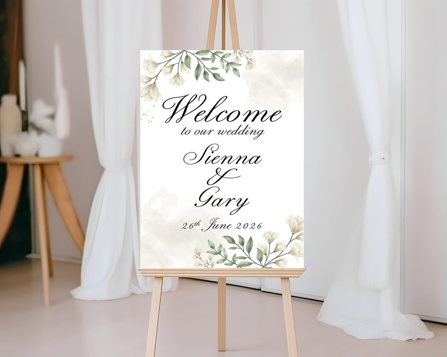 Personalised Floral Wedding Welcome Sign – Elegant Sage & Ivory Board – Portrait