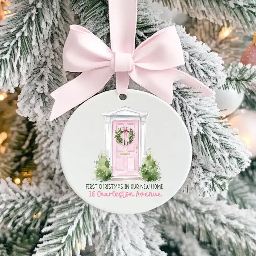Ceramic First Christmas In Our New Home Flat Tree Decorations -Street Name- pink door