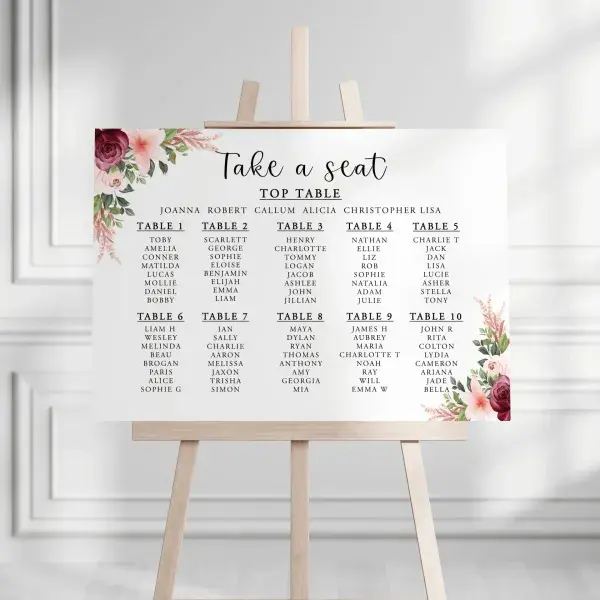 Personalised Burgundy And Peach Flowers  Seating Plan - up to 10 tables