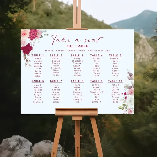 Red Roses Table Seating Personalised Dark Red And White Roses Seating Plan - up to 10 tables ...