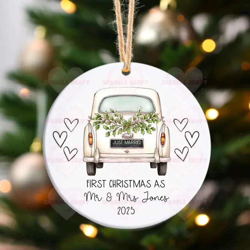 Ceramic First Christmas Married Flat Tree Decorations -car