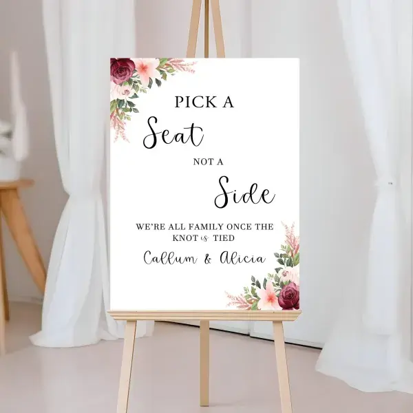 Personalised Burgundy And Peach Pick A Seat Sign