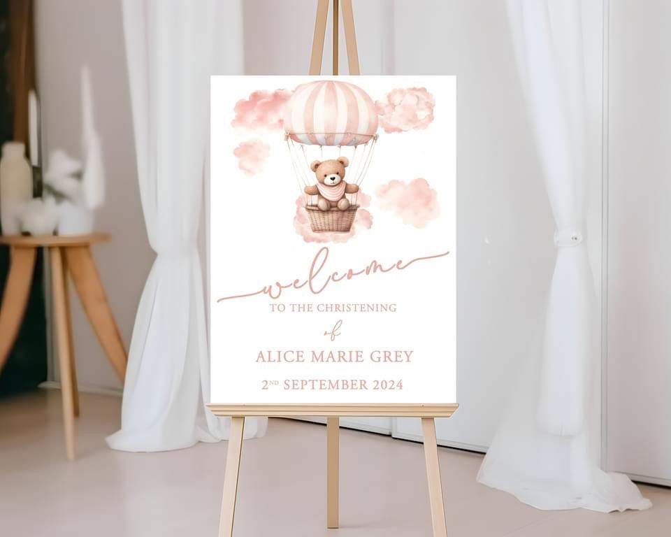 Personalised Pink Hot Air Balloon Christening Welcome Sign