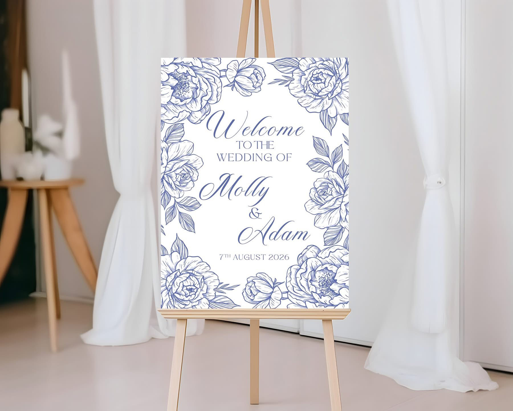 Personalised Blue Floral Wedding Welcome Sign – Elegant Botanical Design – Portrait