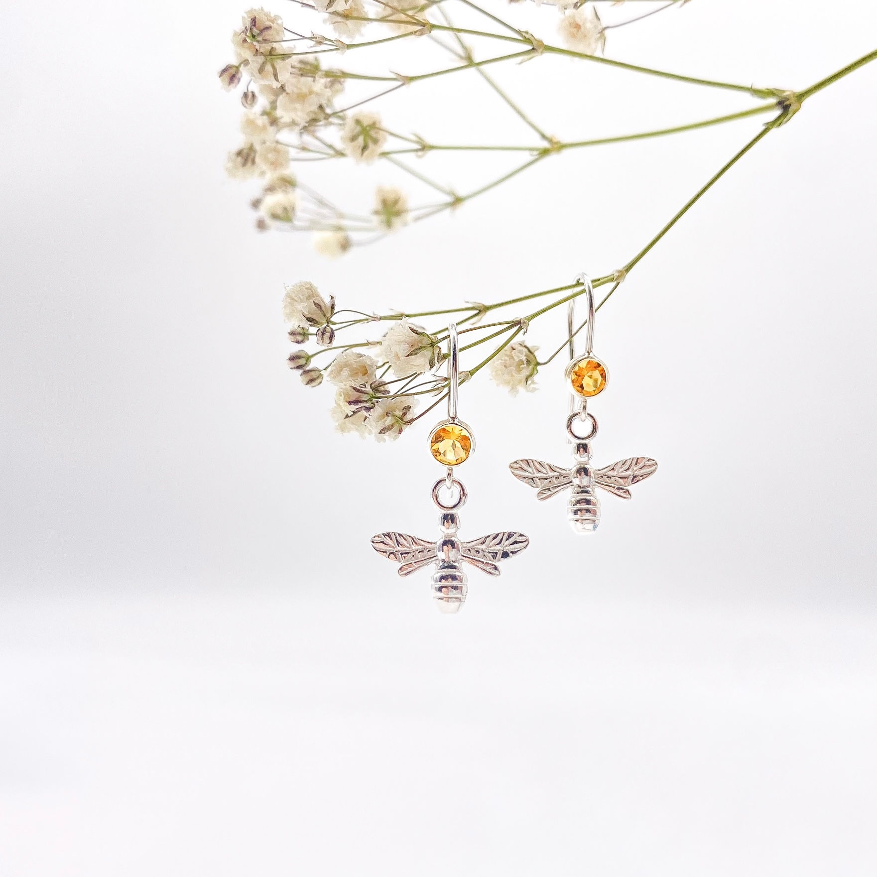 Sterling Silver Citrine Bee Earrings - November Birthstone