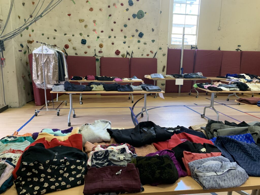 Racks and tables of clothing