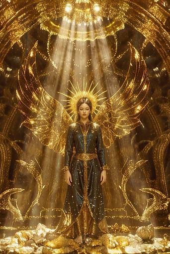 a_highly_detailed_3d_hyper_realistic_radiant_hall_of_light_at_its_center_stands_a_sage-lik