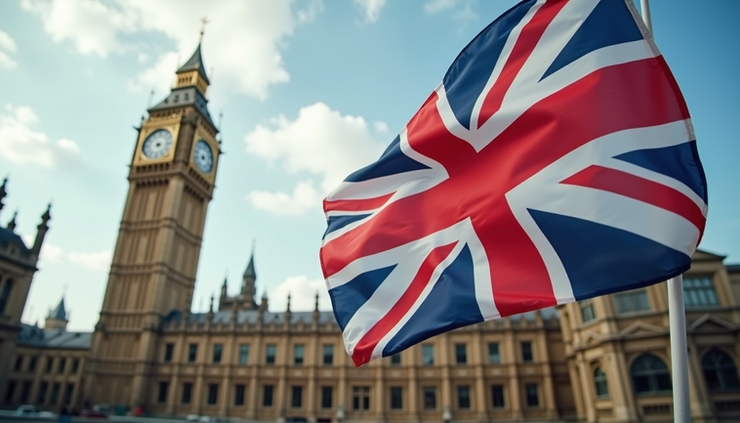 Eye-level view of a UK government building with the Union Jack flag flying