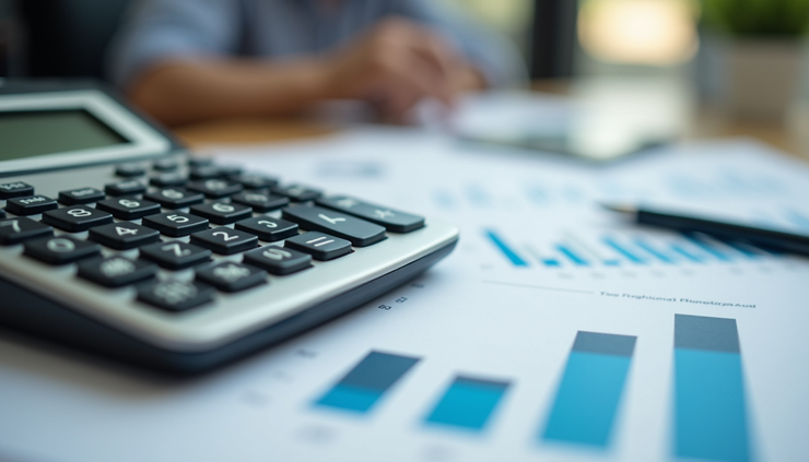 Close-up view of a calculator and financial charts on a desk