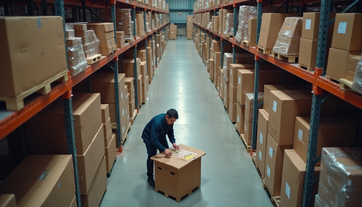 High angle view of a small business owner packing products for international shipment