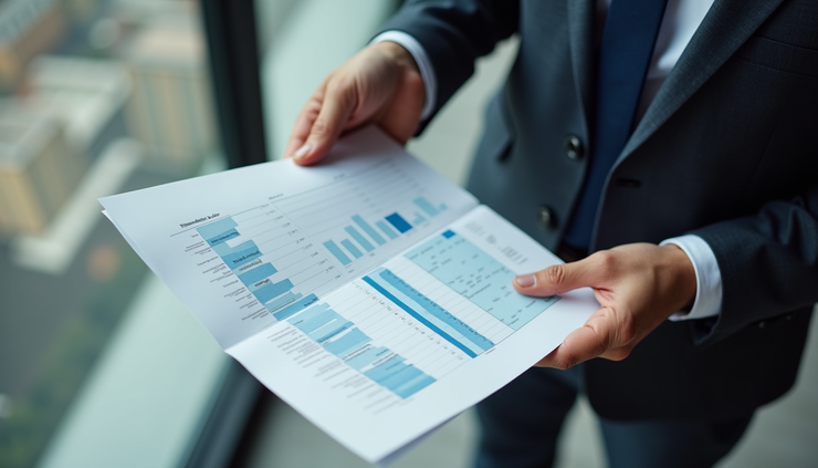 High angle view of a business owner reviewing financial documents