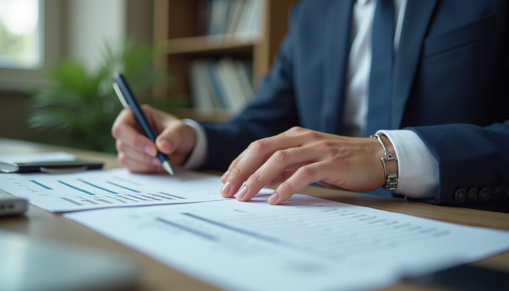 High angle view of a compliance officer reviewing company documents at a desk