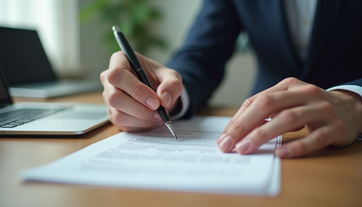Close-up view of hands exchanging a signed share transfer form