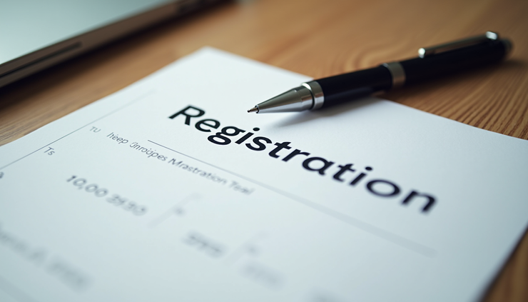 Close-up view of a company registration document with a pen on top