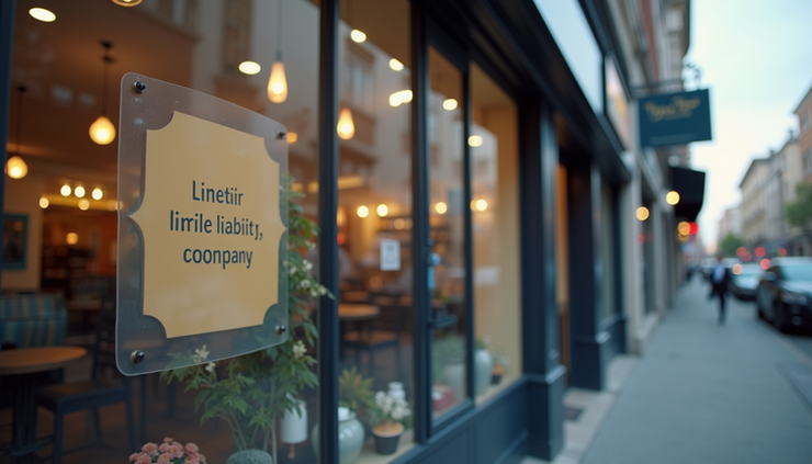 Eye-level view of a small storefront with a clear sign indicating limited liability company status